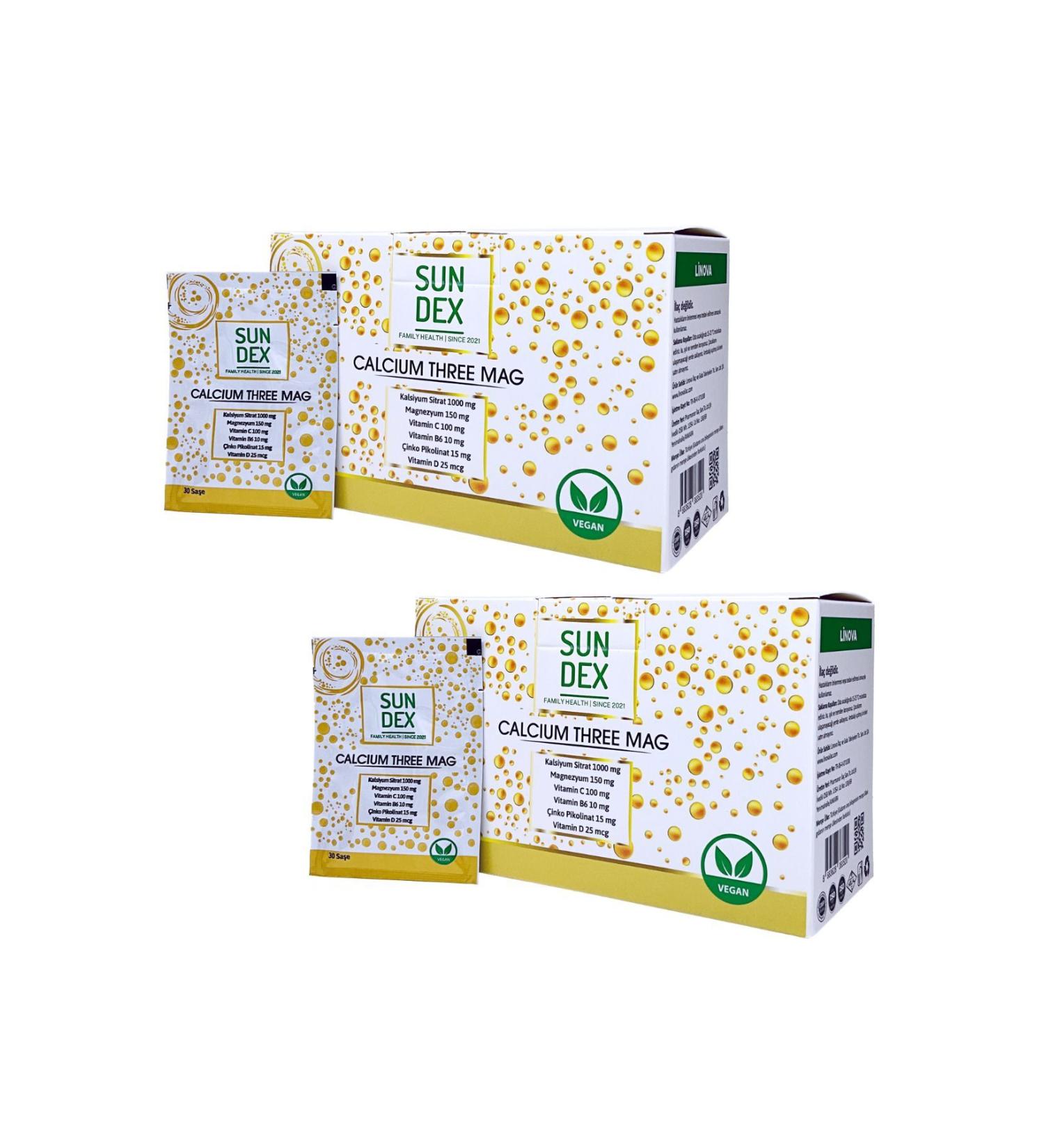 Sun Dex Family Health Since 2021 2-Pack Calcium Three Mag Calcium Citrate Magnesium Vitamin C B6 D and Zinc Picolinate 30 Sachets