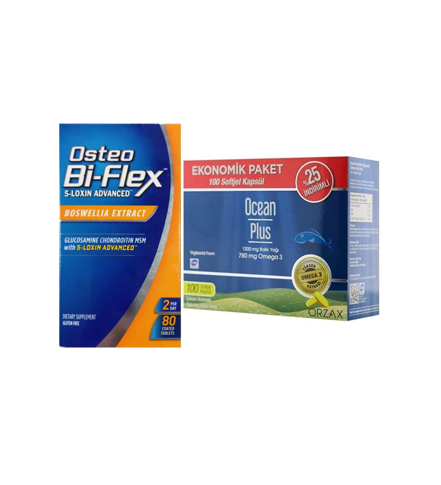 Osteo Bi-Flex 5-Loxin Advanced Boswella Extract 80 Tablets + Ocean Plus Omega 3 1200 Mg 100 Capsules