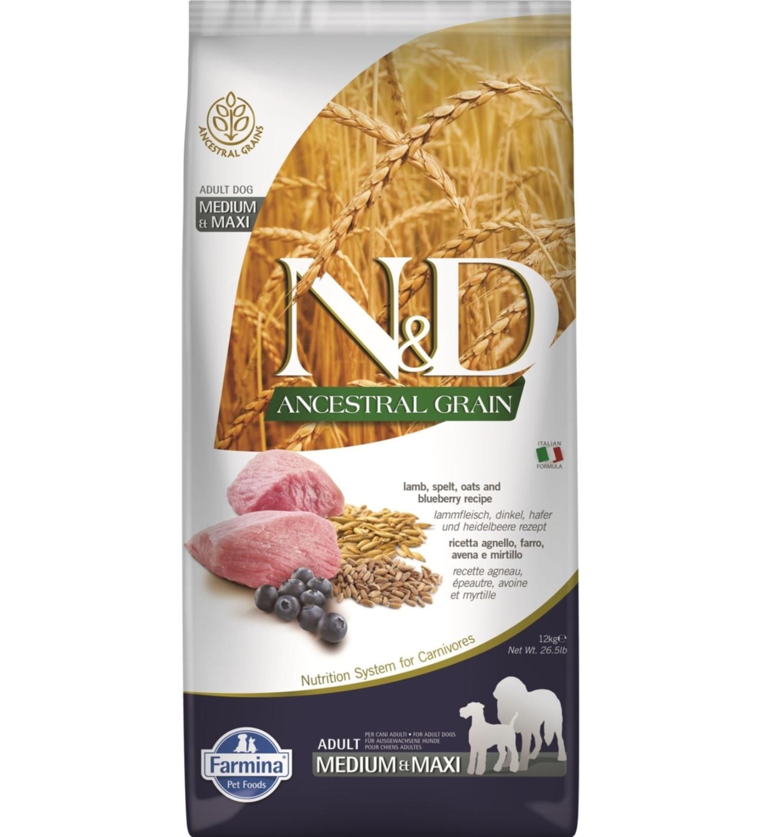 N & D Ancestral Grain Lamb Blueberry Low Grain Adult Dog Food 12 Kg