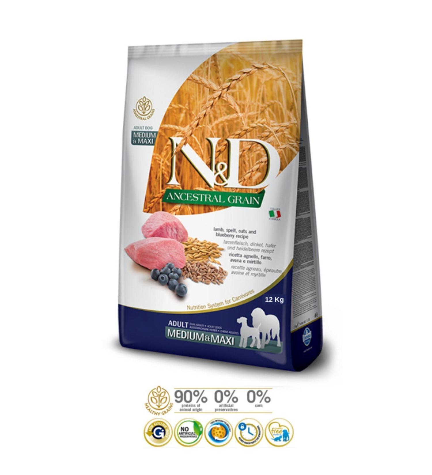 & D Ancestral Grain Dog Food Medium Maxi Lamb Primitive Grain Medium Large Breed Lamb Meat Dog Food 12 kg