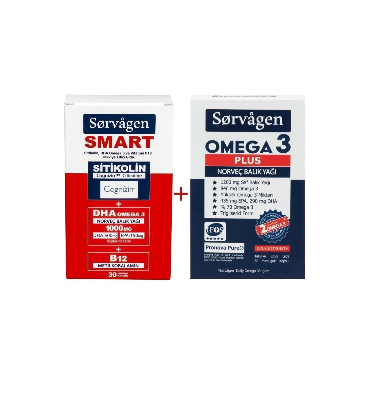 Sorvagen Smart Citicoline Dha Omega 3 B12 (30 Capsules) + Omega 3 Plus Norwegian Fish Oil