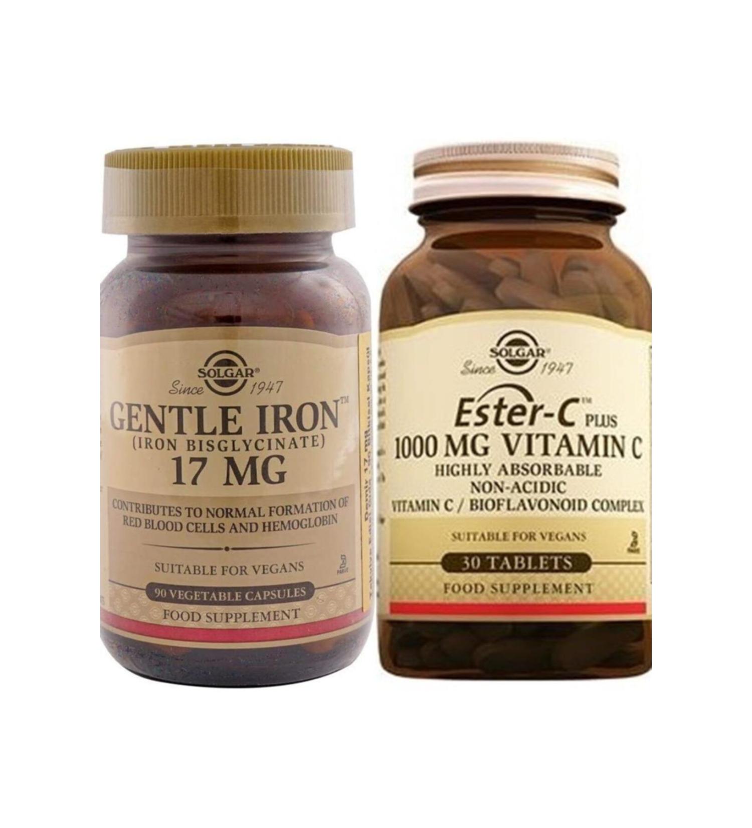 Solgar Gentle Iron 17 Mg 90 V-capsule + Ester C Plus 1000 Mg 30 Tablets