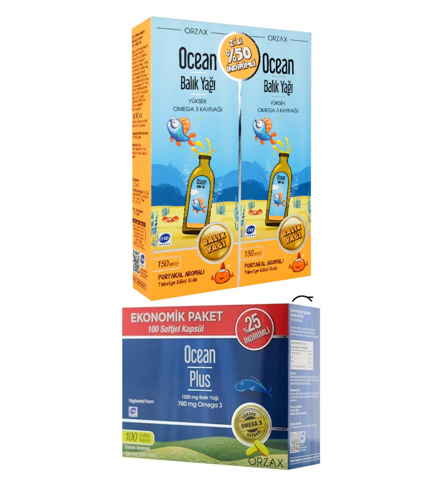 Ocean Fish Oil Syrup Orange 150ml 2nd P + Ocean Plus 1200 Mg Fish Oil 100 Capsules