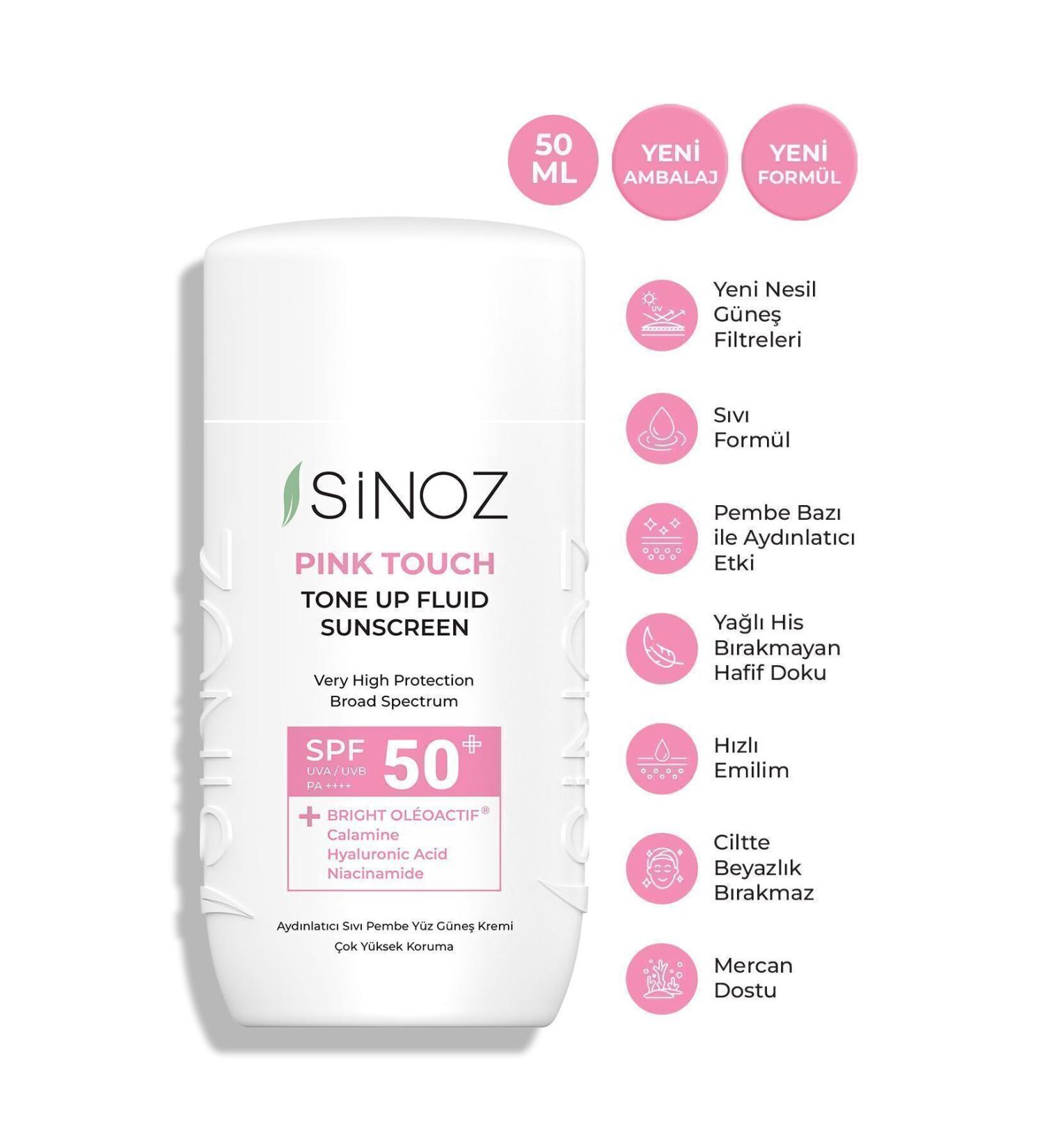 Sinoz Spf50 Pink Touch Brightening Liquid Face Sun Cream New Generation Sun Filters Hybrid Formula 50ml - Buy Online on GoSupps.com