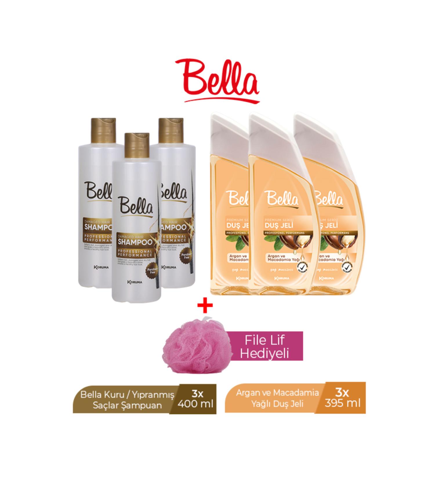 Bella SHAMPOO FOR DRY & DAMAGED HAIR 400ML X 3 PCS + BELLA SHOWER GEL ARGAN & MACADEMIA 395ML X 3 A
