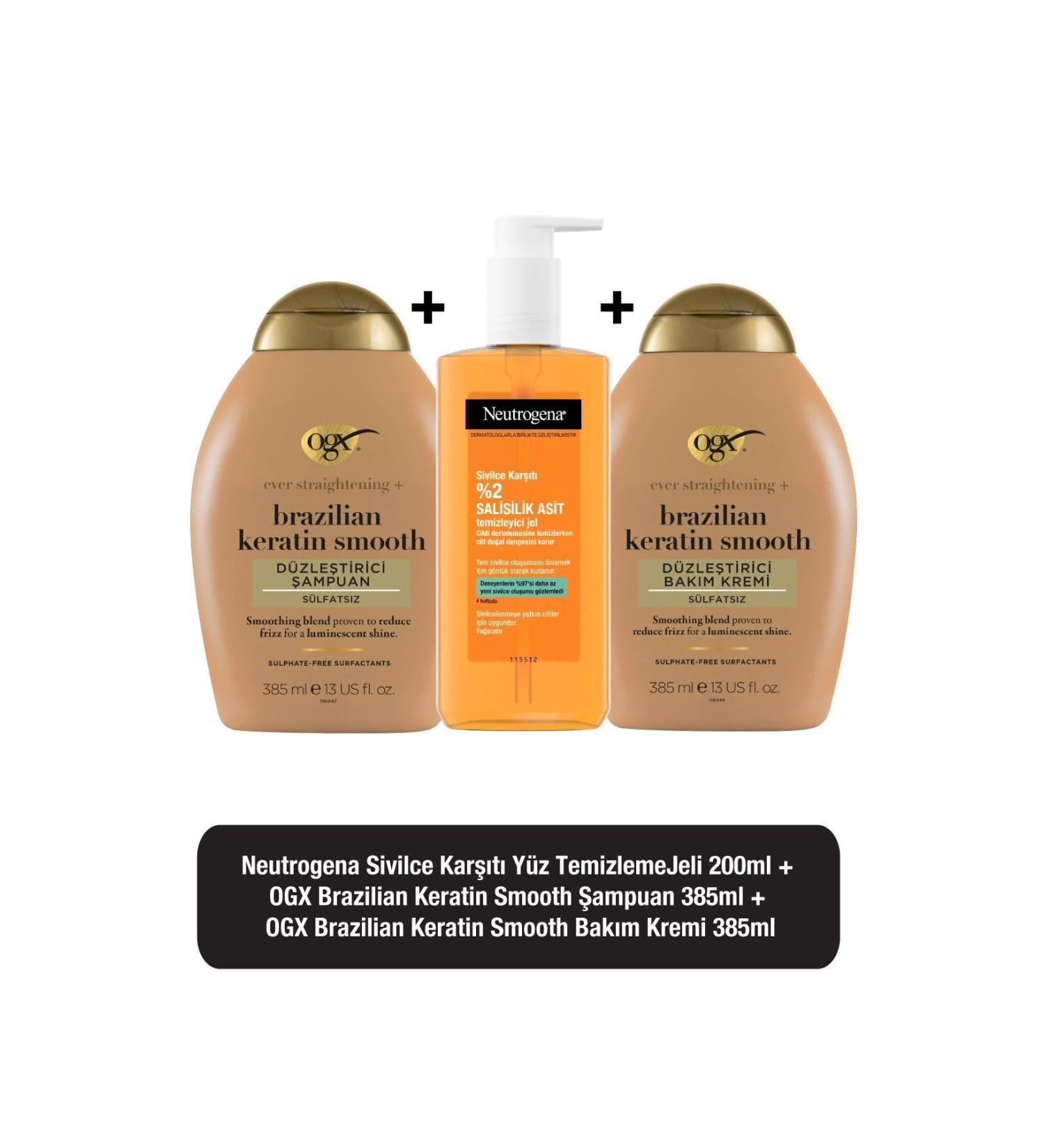 Neutrogena Anti-Acne Daily Facial Cleansing Gel 200 Ml + Ogx Keratin Smooth Sulfate-Free Shampoo