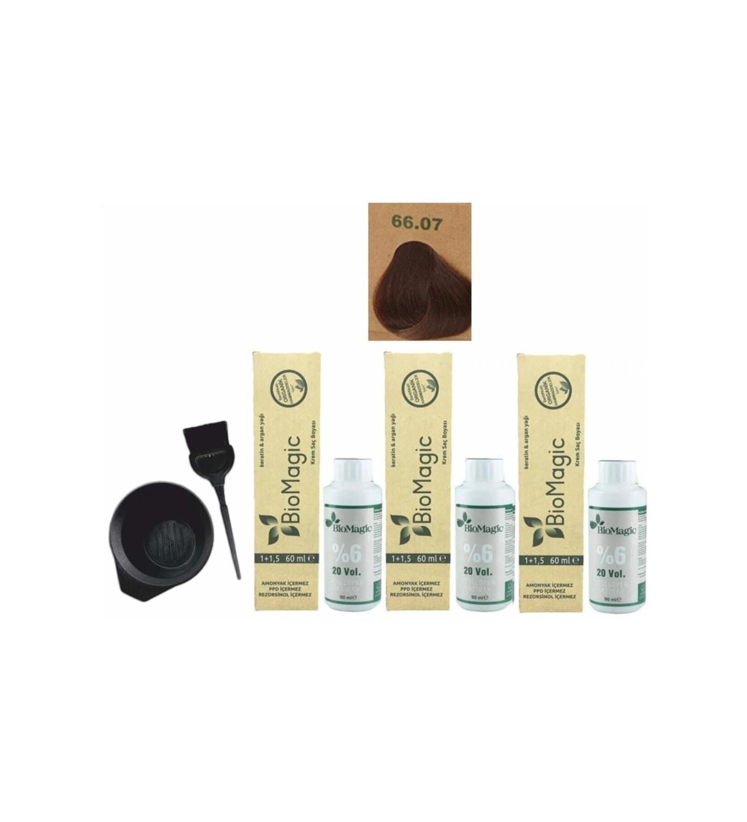 BioMagic Organic Hair Dye 66.07 Chocolate Brown 60ml X3 Pieces + Oxidant 90ml + Coloring Set - Buy Online on GoSupps.com