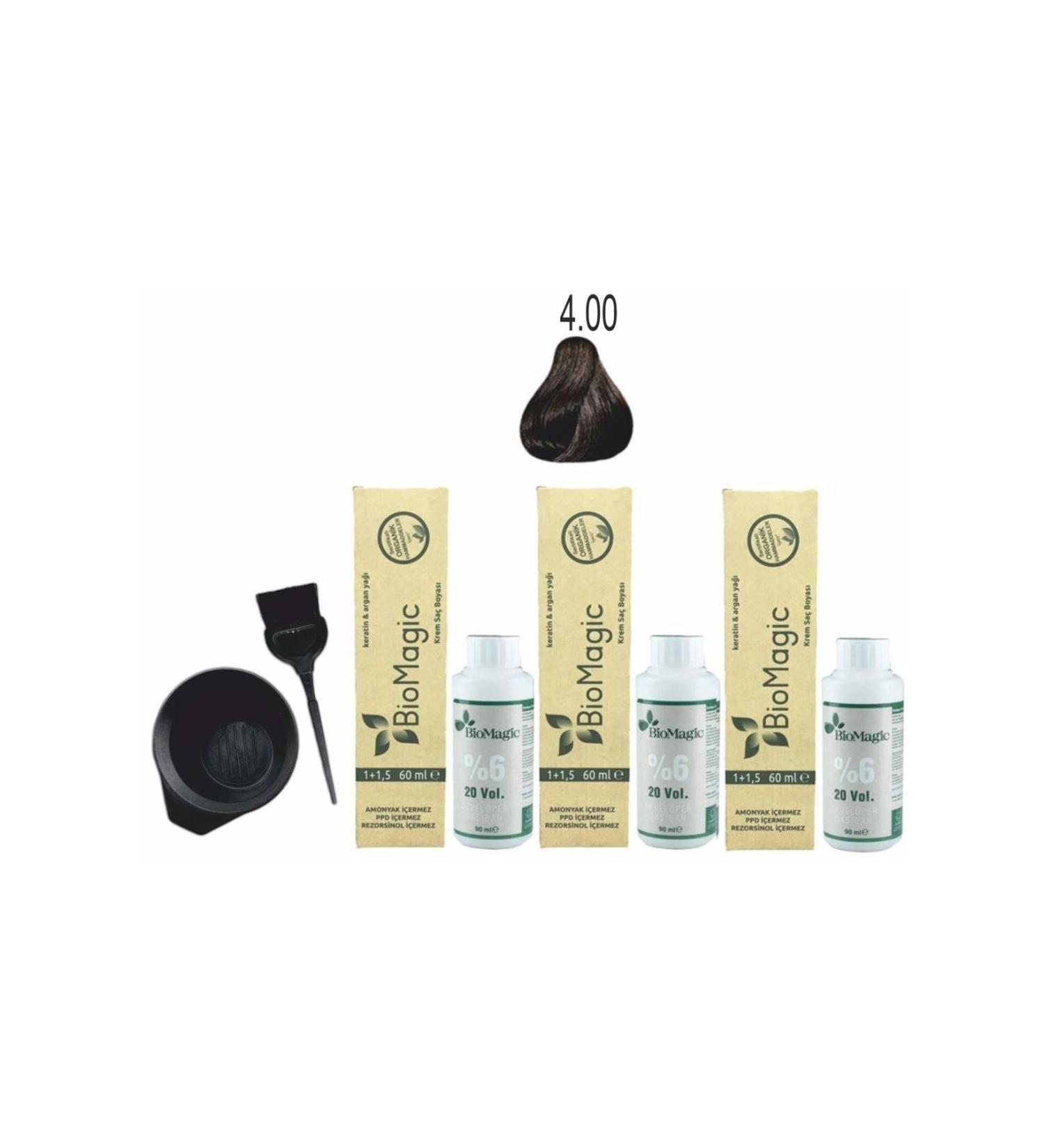 BioMagic Organic Keratin+Argan Hair Dye 4.00 Brown 60ml X3 Pieces+Oxidant 90ml+Dyeing Set