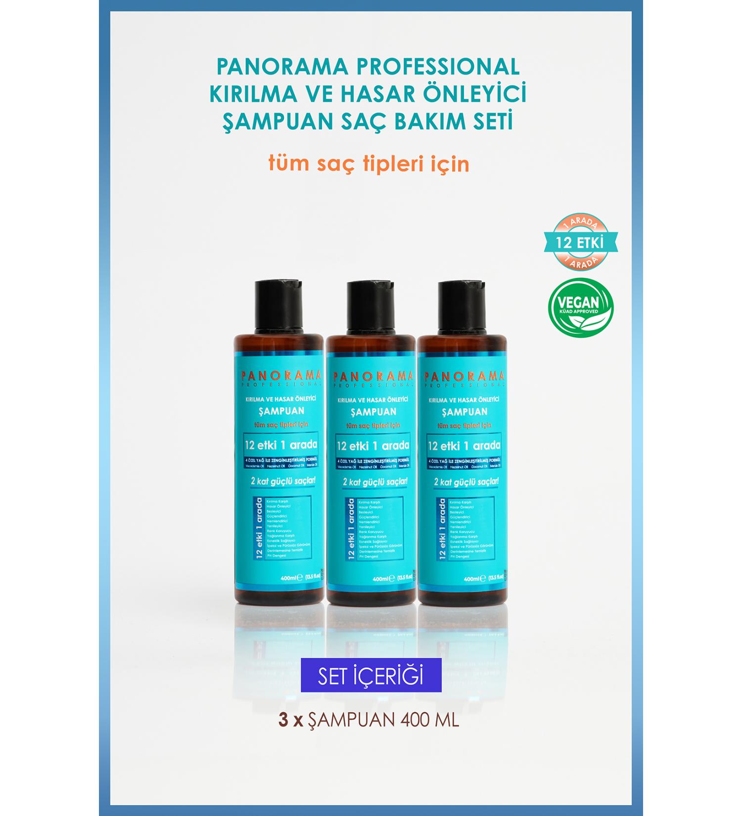 PANORAMA PROFESSIONAL Professional Anti-Breakage and Damage Care Set 12 Effects in 1 / 400 ml X3 Shampoo 3-Piece Set-vegan