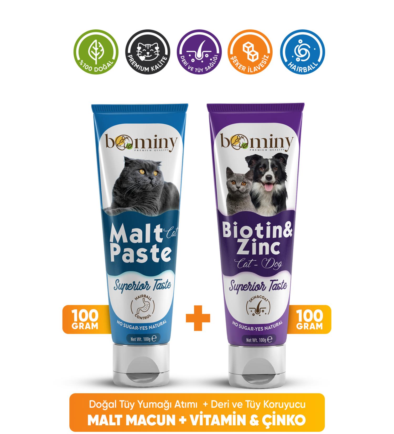 bominy pet Biotin&Zinc Cat and Dog Skin and Fur Health + Hairball Malt Paste Preventing Hairballs Malt Paste 100 Gr - Buy Online on GoSupps.com
