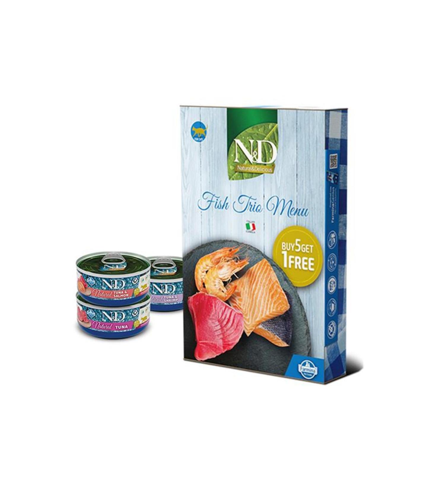 N & D Fish Trio Menu Adult Cat Canned Food with Salmon and Shrimp 6 X 70 gr