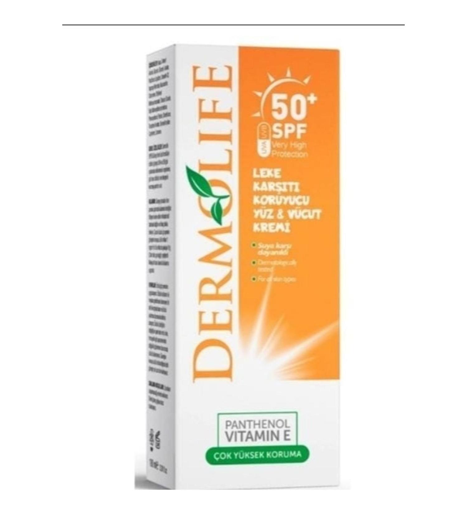 Dermolife Anti-Spot Face and Body Sun Cream 50 Spf Water Resistant Panthenol Vitamin E 100.ml