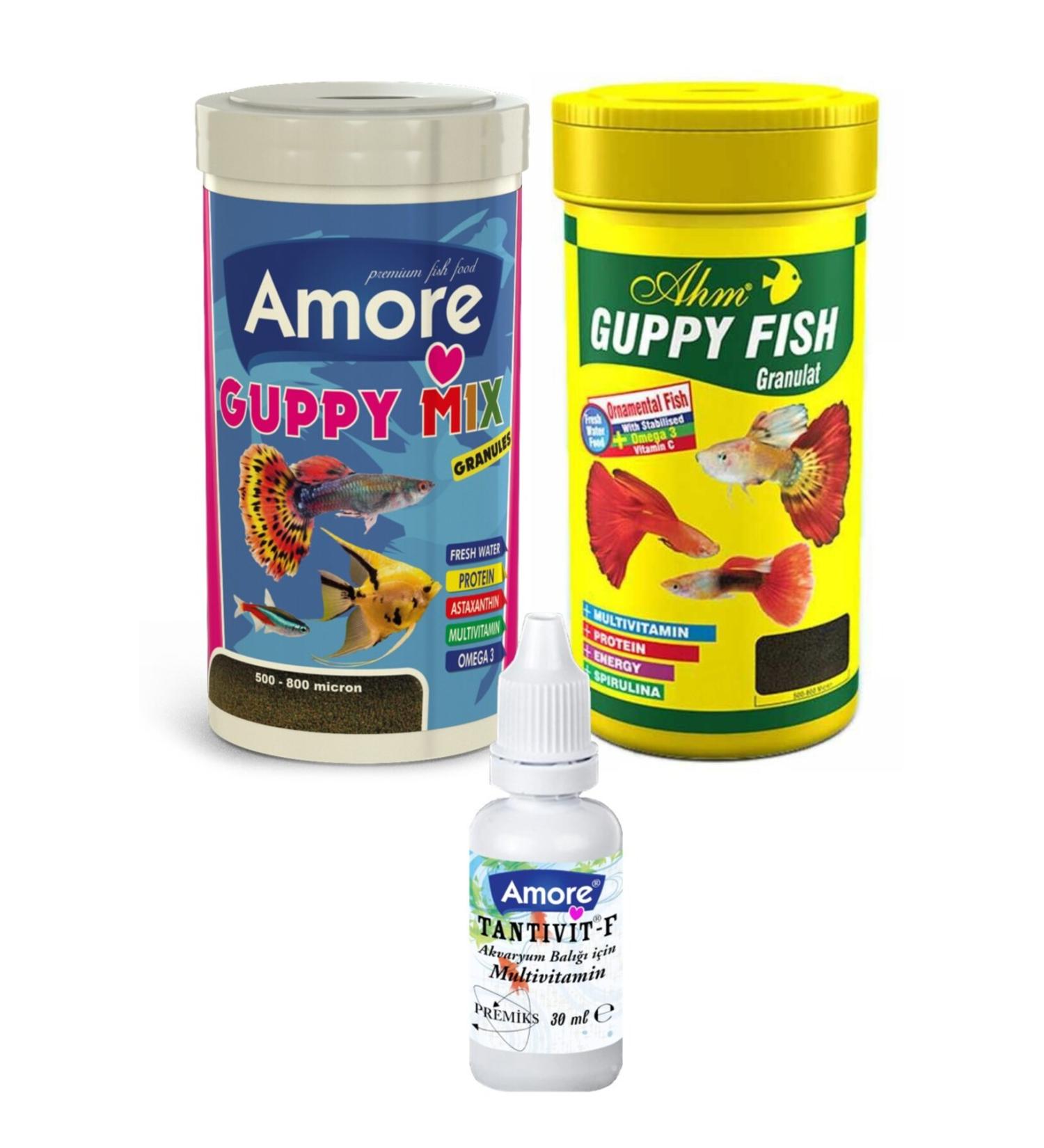 AMORE Guppy Tropical Guppy Mollies Sword Angel Tetra Aquarium Fish Food 2x250ml And Vitamin Set Ahm