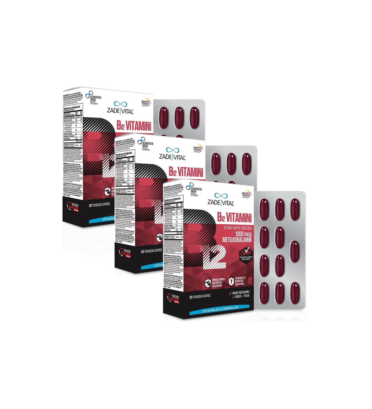 Zade Vital Vitamin B12 Vitamin B12 Supplementary Food (3 Boxes 90 Capsules)