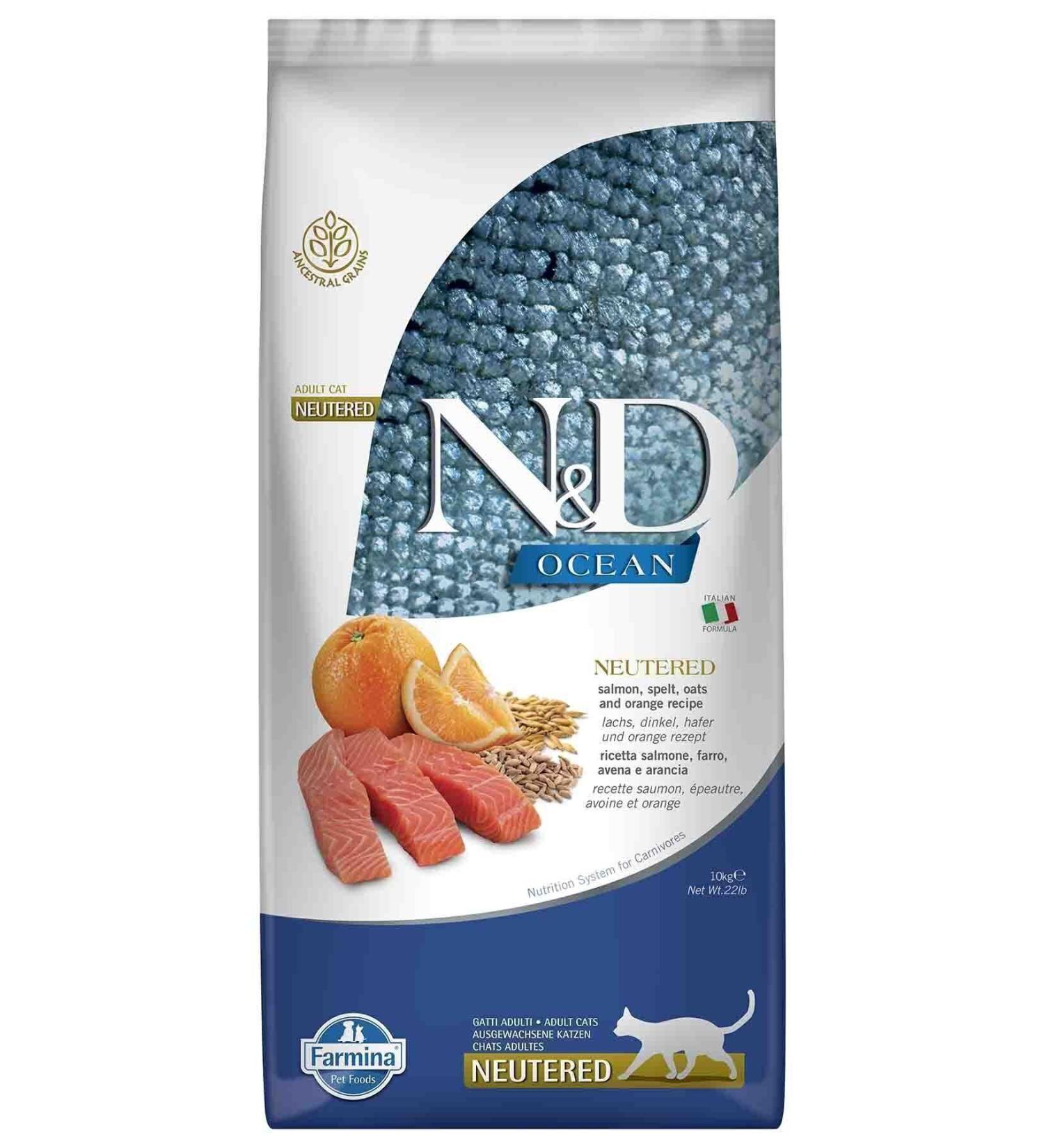 N & D Nd ocean low grain neutered cat 10kg salmon and orange neutered cat food