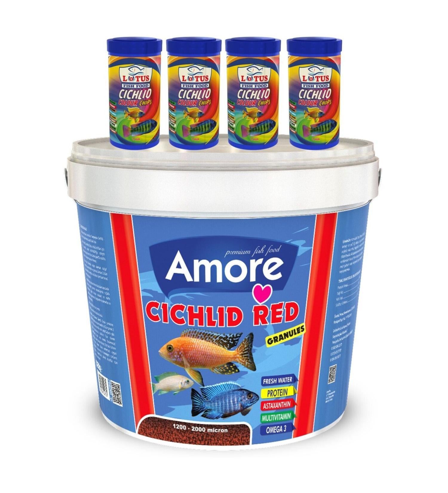AMORE Cichlid Red Granules 3kg Bucket 44-Protein Lotus 4x250ml Malawi Cichlid Color Fish Food
