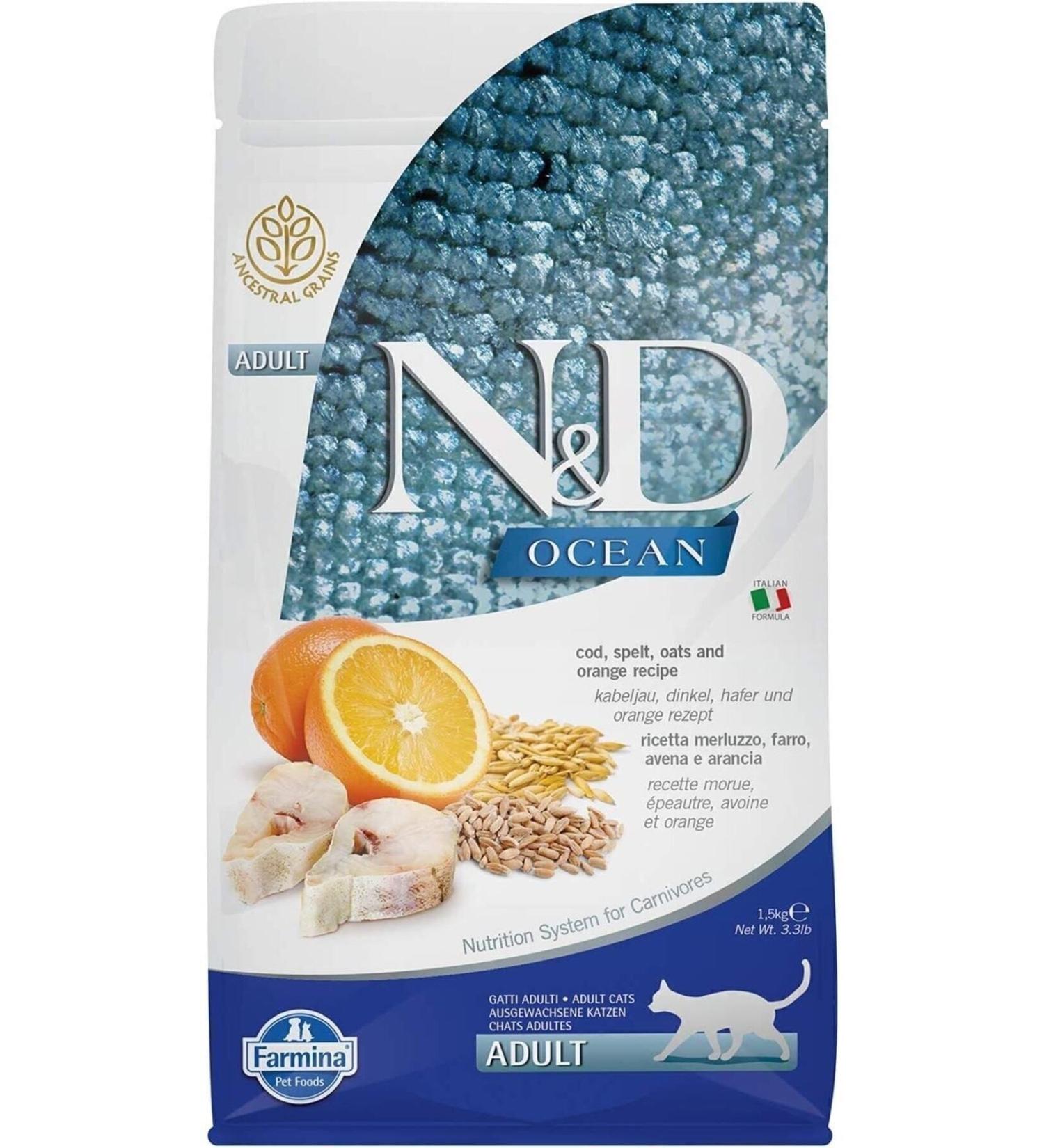 & D Nd Ocean Cod Fish Boneless Wheat Oatmeal and Orange Adult Cat Food - 1.5 Kg