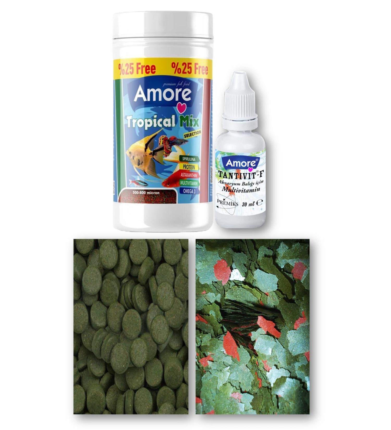 AMORE Tropical Mix Granules 125 ml Spirulina 12-Tablet Sera Flora 30gr Flake Fish Food Multivitamin
