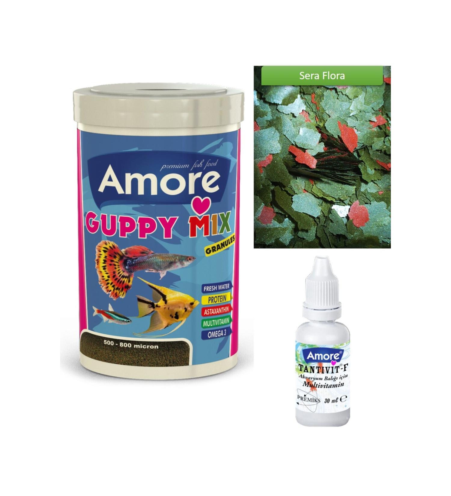 AMORE Guppy Mix Granules 250ml Sera Flora 30gr Fish Food Multivitamin Set