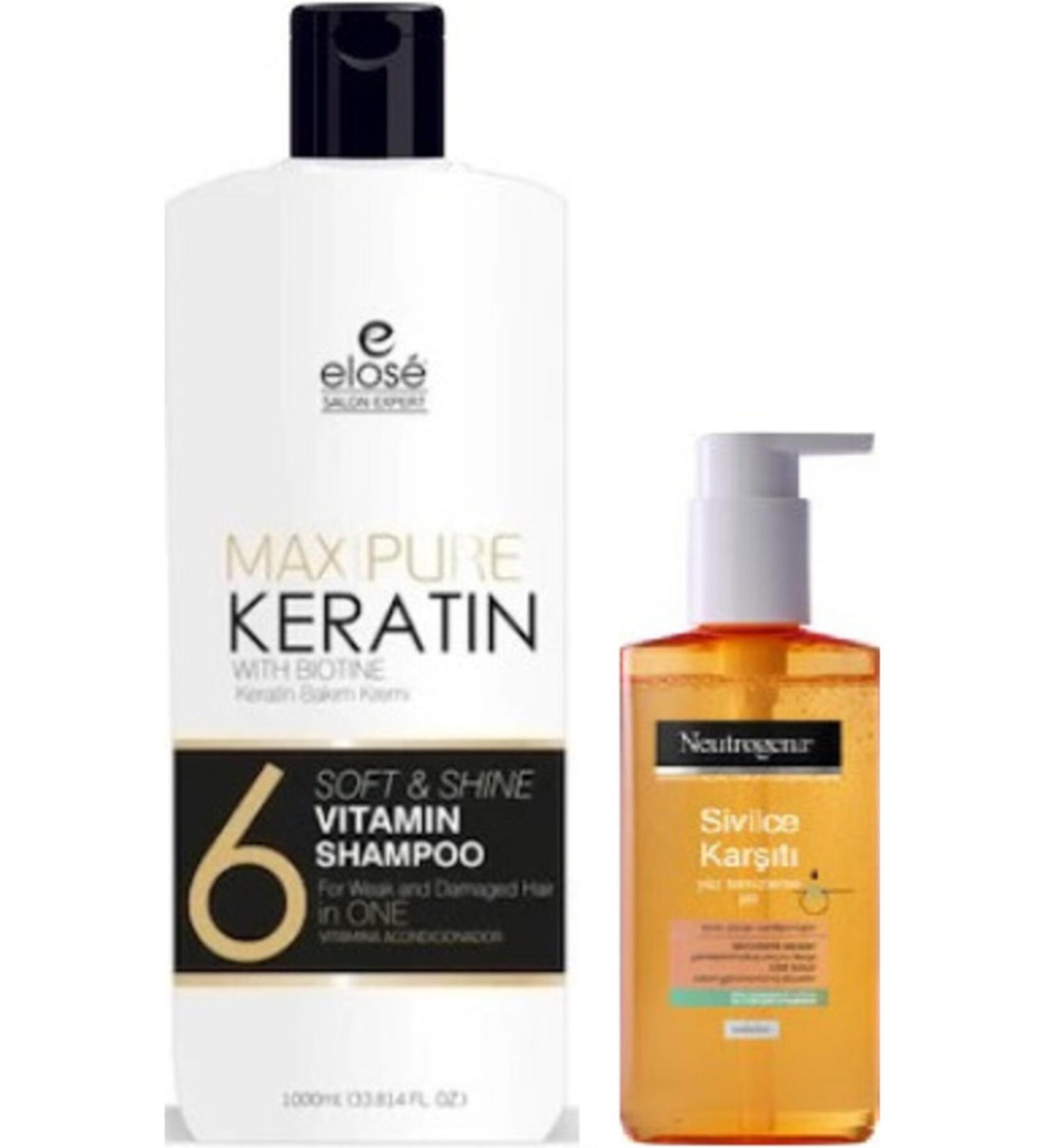 Elose Keratin Essence Care Shampoo 1000 ml and Anti-Acne Facial Cleansing Gel 200 ml