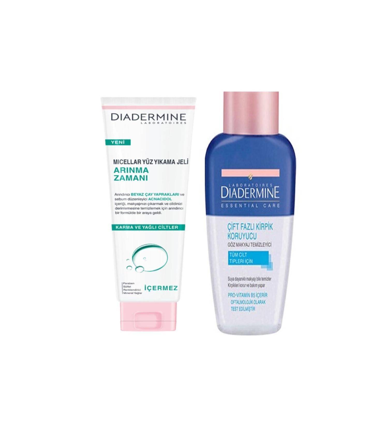 Diadermine Micellar Face Wash Gel Cleansing Time 150ml + Eye Make-up Remover Water 125ml