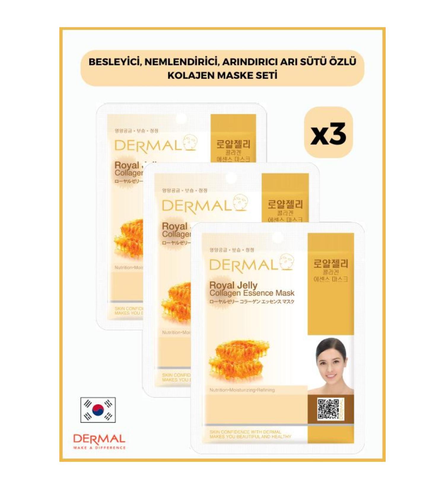 Dermal Nourishing Moisturizing Purifying Royal Jelly Extract Collagen Mask 23 gr 3 Pieces