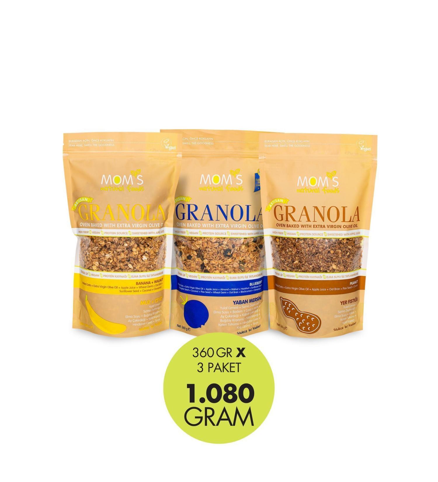 Mom's Natural Foods 3-PACK GRANOLA BANANA-WALNUT 360 G / BLUEBERRY 360 G / PEANUT 360 G