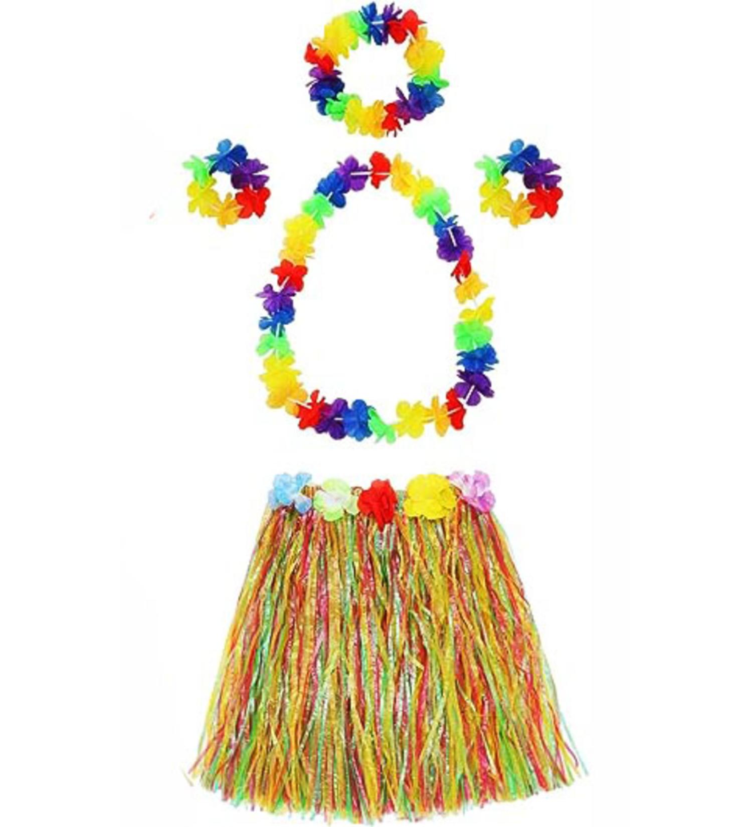 HBPAVM Adult and Child Compatible Luau Aloha Hawaii Necklace Colorful Skirt Crown and Bracelet Set