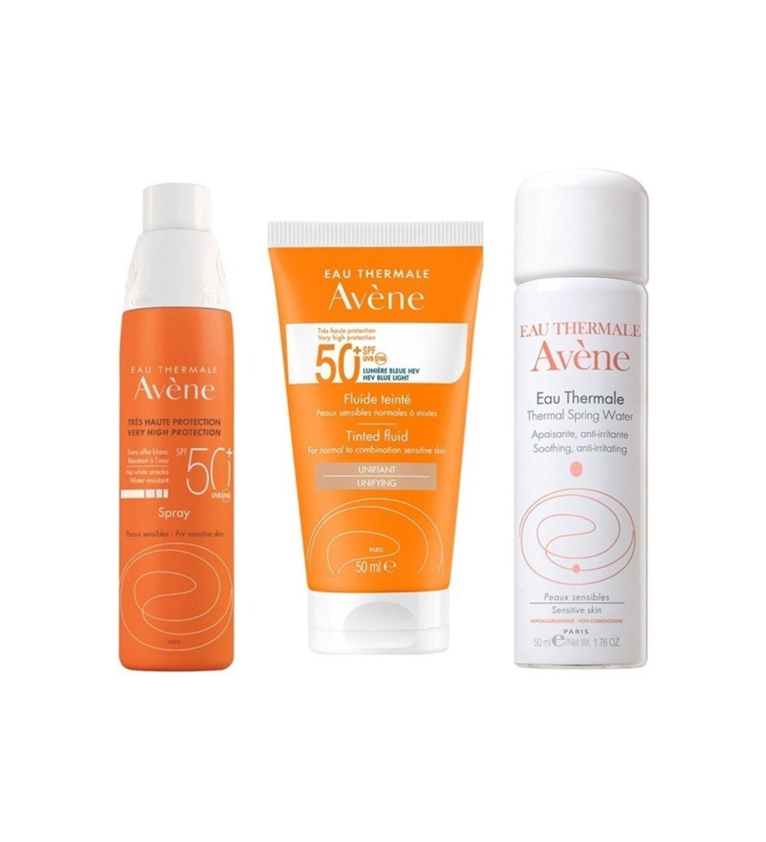Avene Sun Protection Set 4 - Spray Spf 50+ 200ml - Solaire Spf 50+ Tinted Fluid 50 Ml Thermal Water 50ml