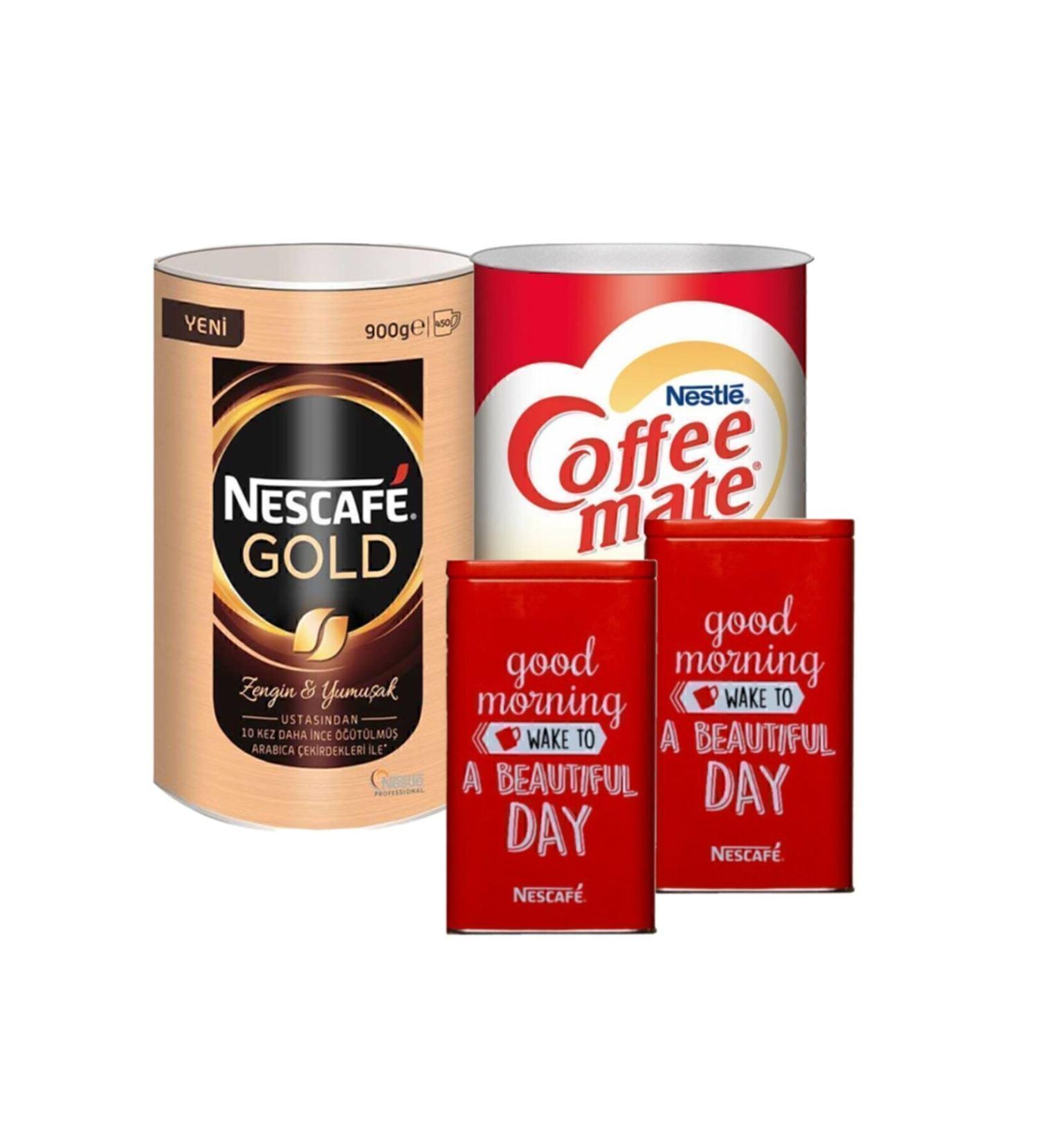 Nescafe Gold Granulated Coffee 900 Gr + Coffee Mate Coffee Creamer 2 Kg + Metal Storage Box 2 Pieces