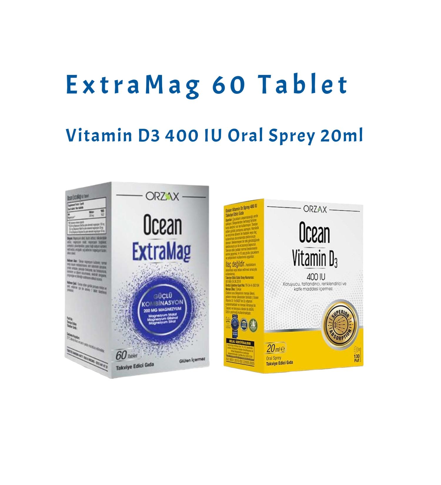 Ocean ExtraMag Triple Magnesium 60 tablets + Vitamin D3 400 IU Spray 20 ml + 100ml face cleansing gel Set1135