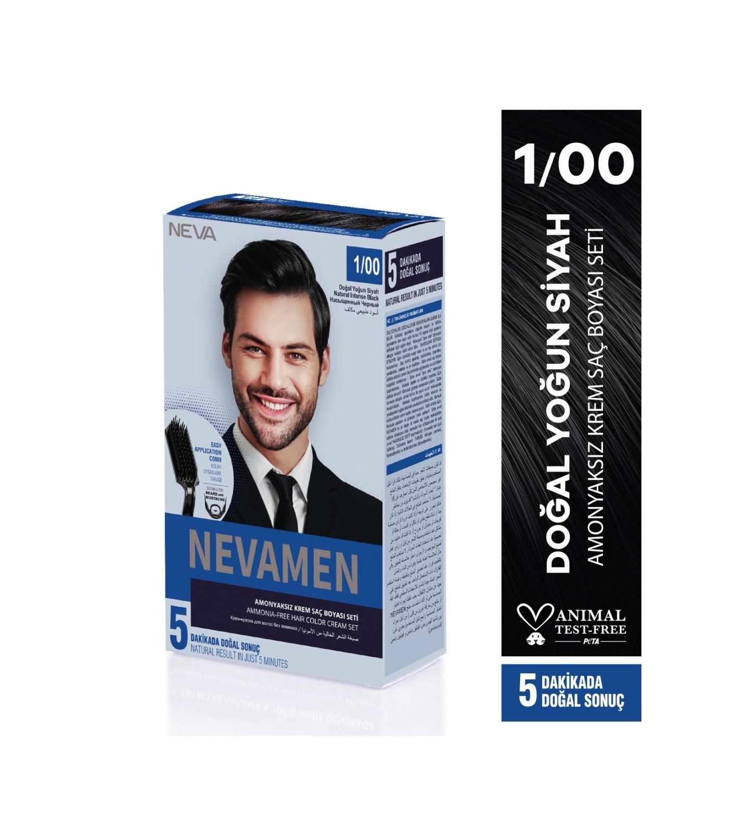Neva Men 1/00 Natural Intense Black - Natural Intense Black Ammonia Free Cream Hair Dye Set