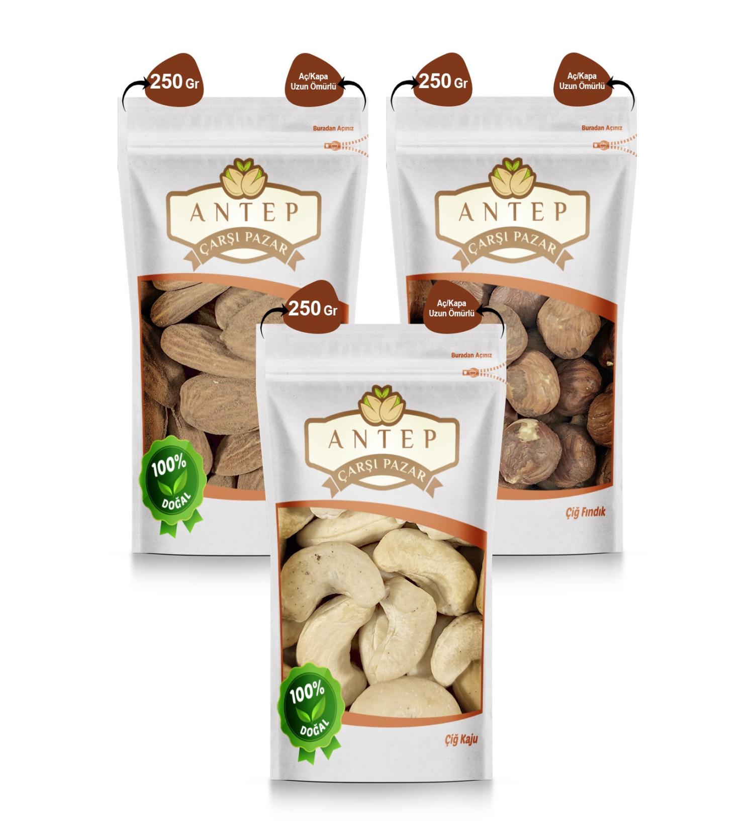 Antep Bazaar Raw Hazelnuts 250 Gr. + Local Raw Almonds 250 Gr. + Raw Cashews 250 Gr.
