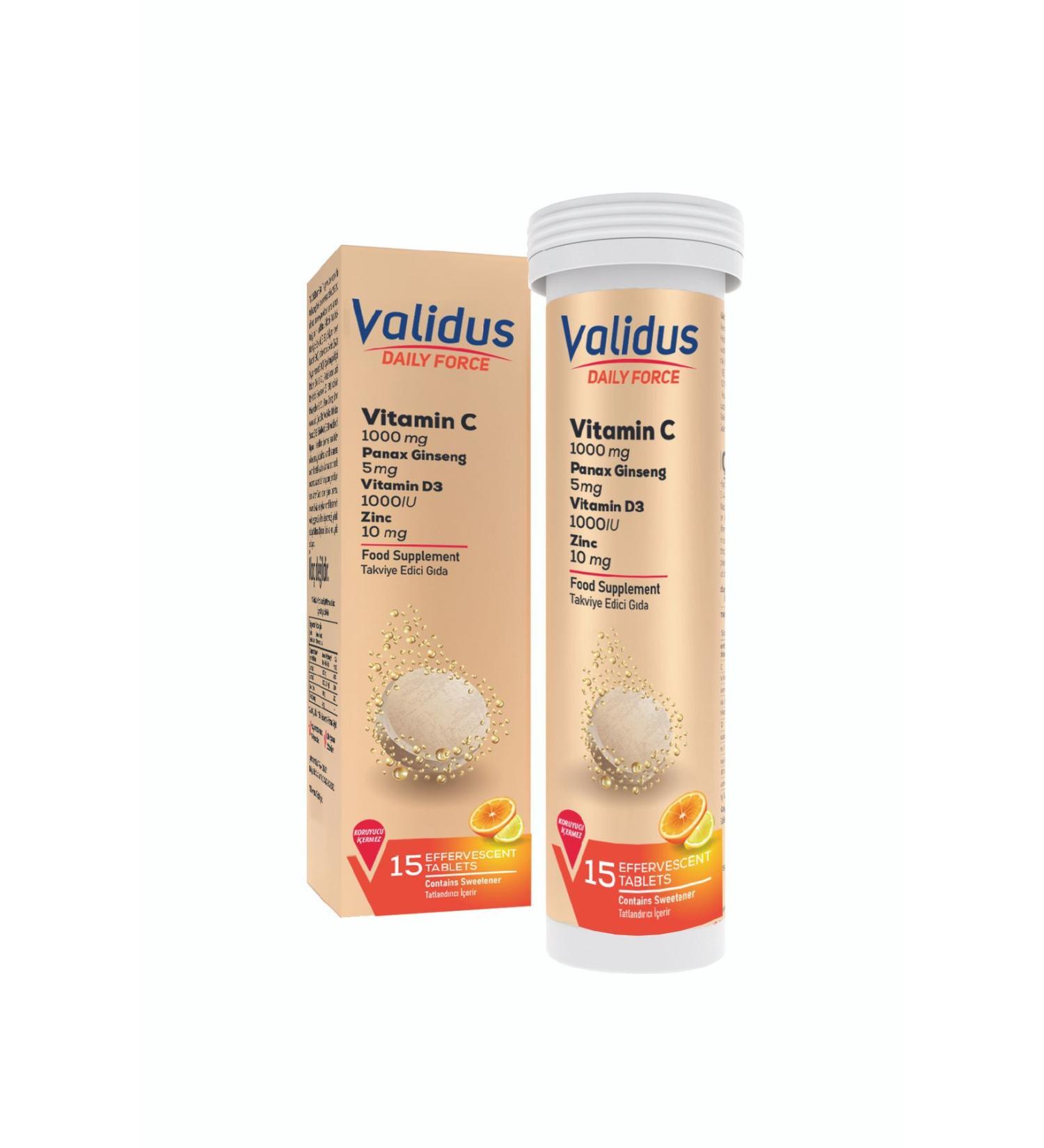 Validus Daily Force Vitamin C + Panax Ginseng + Zinc + Vitamin D3 15 Effervescent Tablets - Buy Online on GoSupps.com