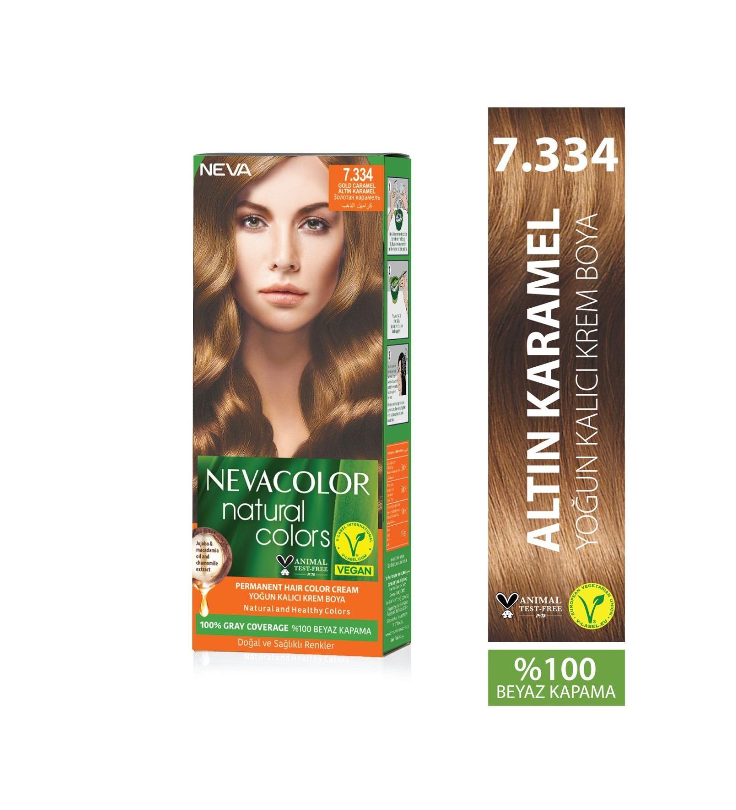 Neva Color Natural Colors 7.334 GOLD CARAMEL Permanent Cream Hair Dye Set