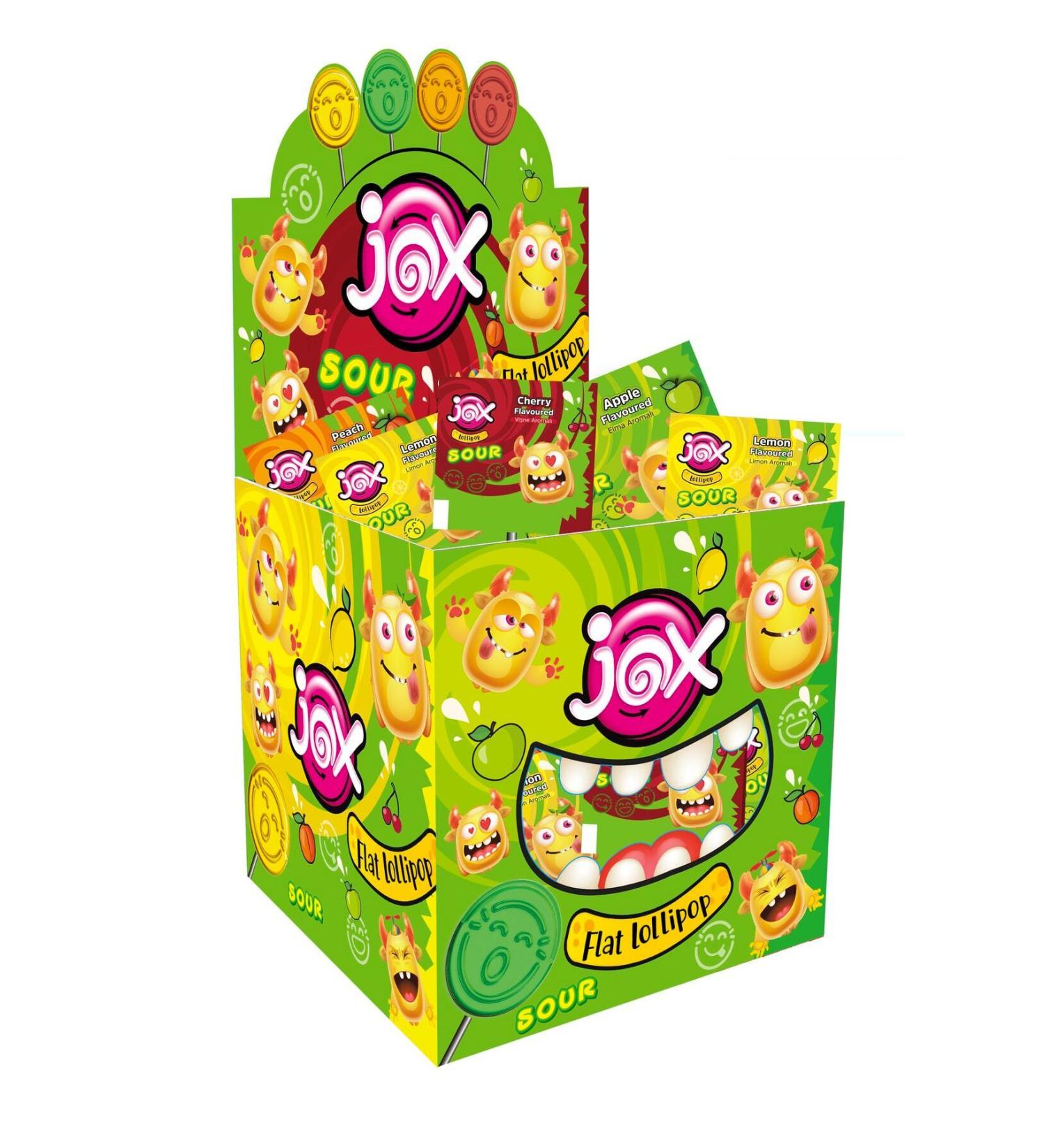 JOX Flat Embossed Face Expression Apple Lemon Peach Cherry Flavored Sour Flat Lollipop 6.2 Grx150 - Buy Online on GoSupps.com