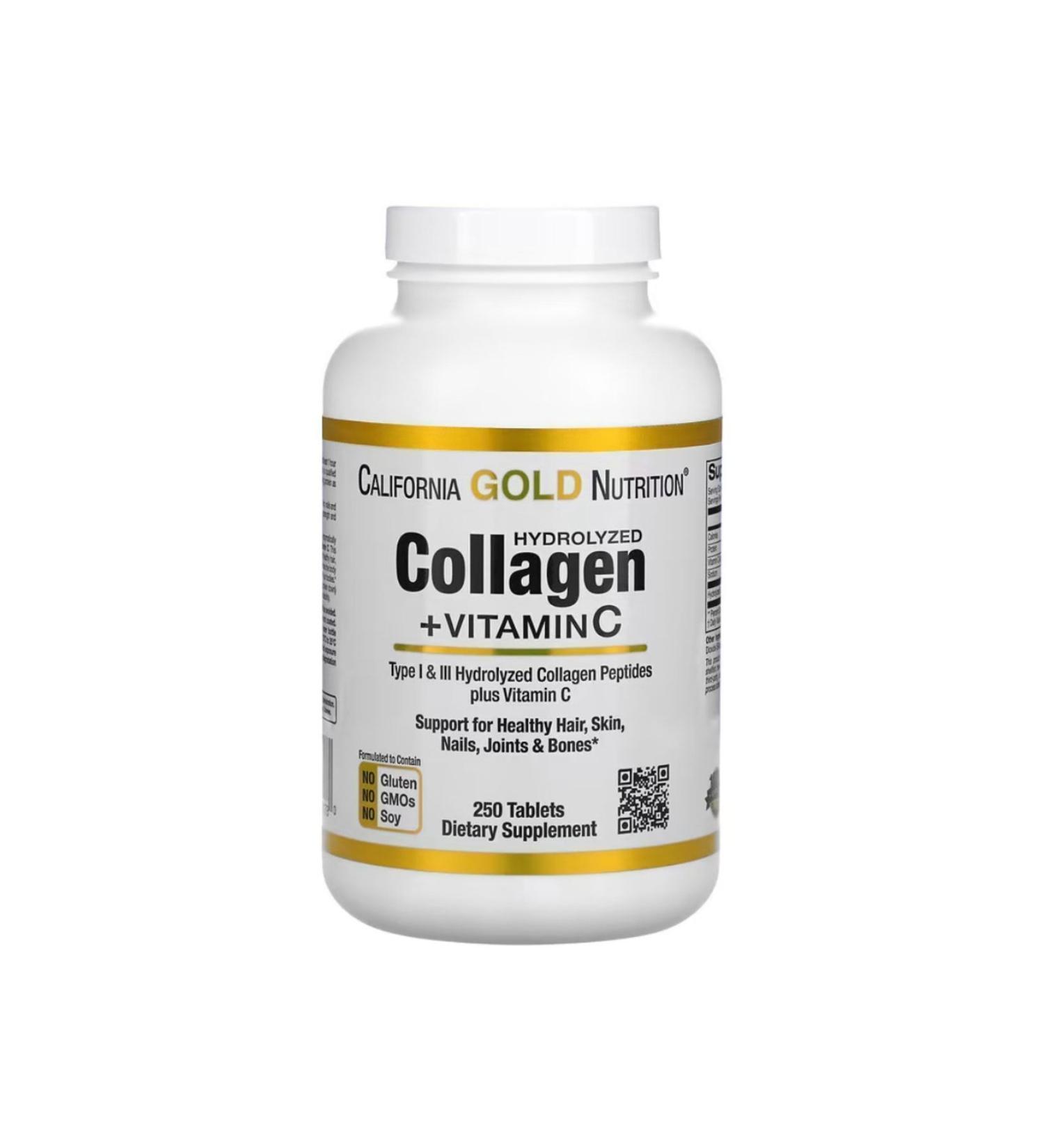 California Gold Nutrition Hydrolyzed Collagen Peptides + Vitamin C Type I & III 250 Tablets