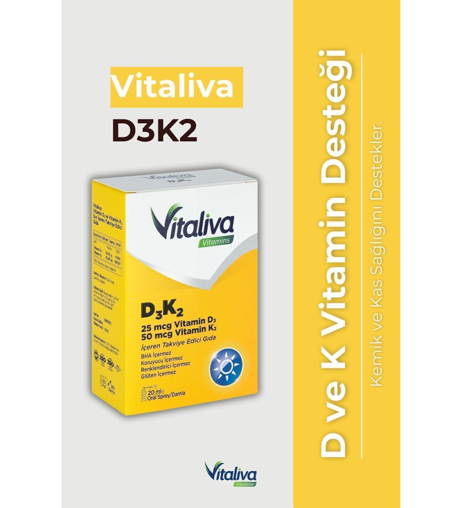 Vitaliva Vitamins D3K2 25 mcg vitamin D3 50 mcg vitamin K2 - Buy Online on GoSupps.com