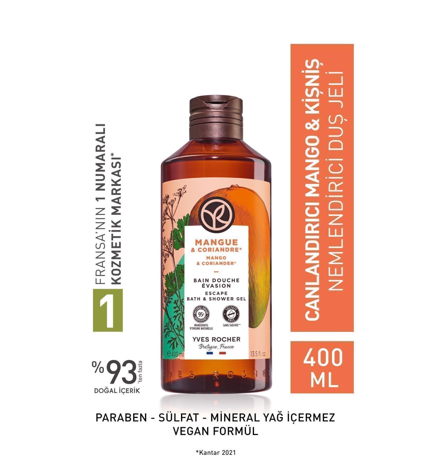 Yves Rocher Moisturizing Shower Gel - Revitalizing Mango Coriander 400ml + Isana Men Shower Gel 3 in 1 Fresh 300 ml