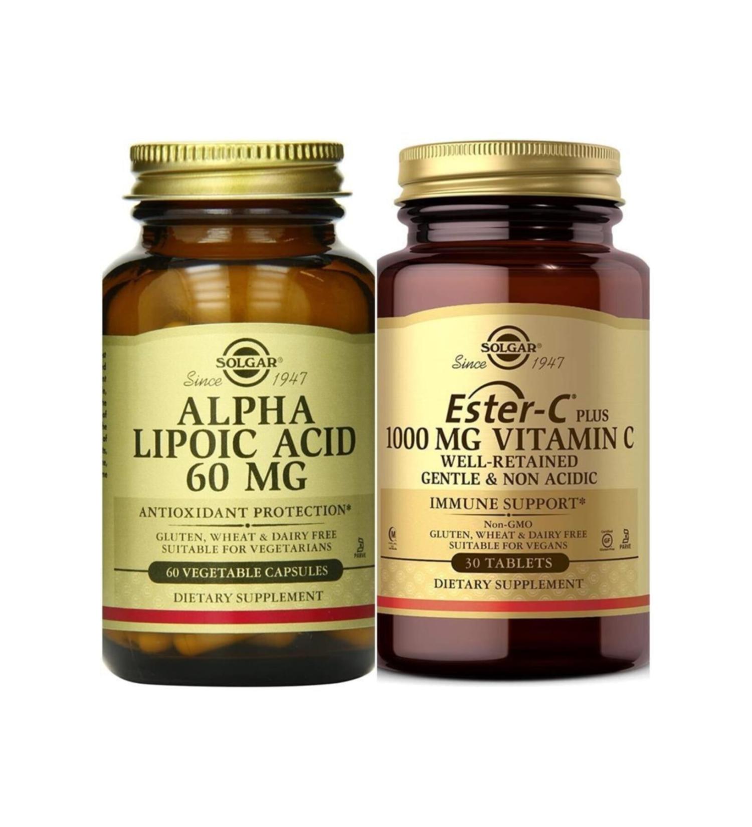 Solgar Alpha Lipoic Acid 60 Mg 60 Capsules + Ester-c Plus 1000 Mg 30 Tablets
