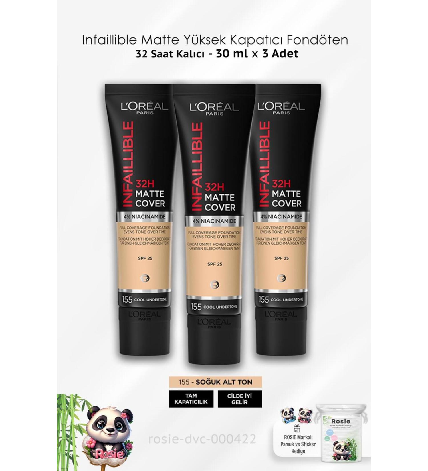 L'Oreal Paris 3 Pieces Loreal Paris Infaillible High Coverage Foundation - 155 Cool Undertone 30 ml and ROSIE