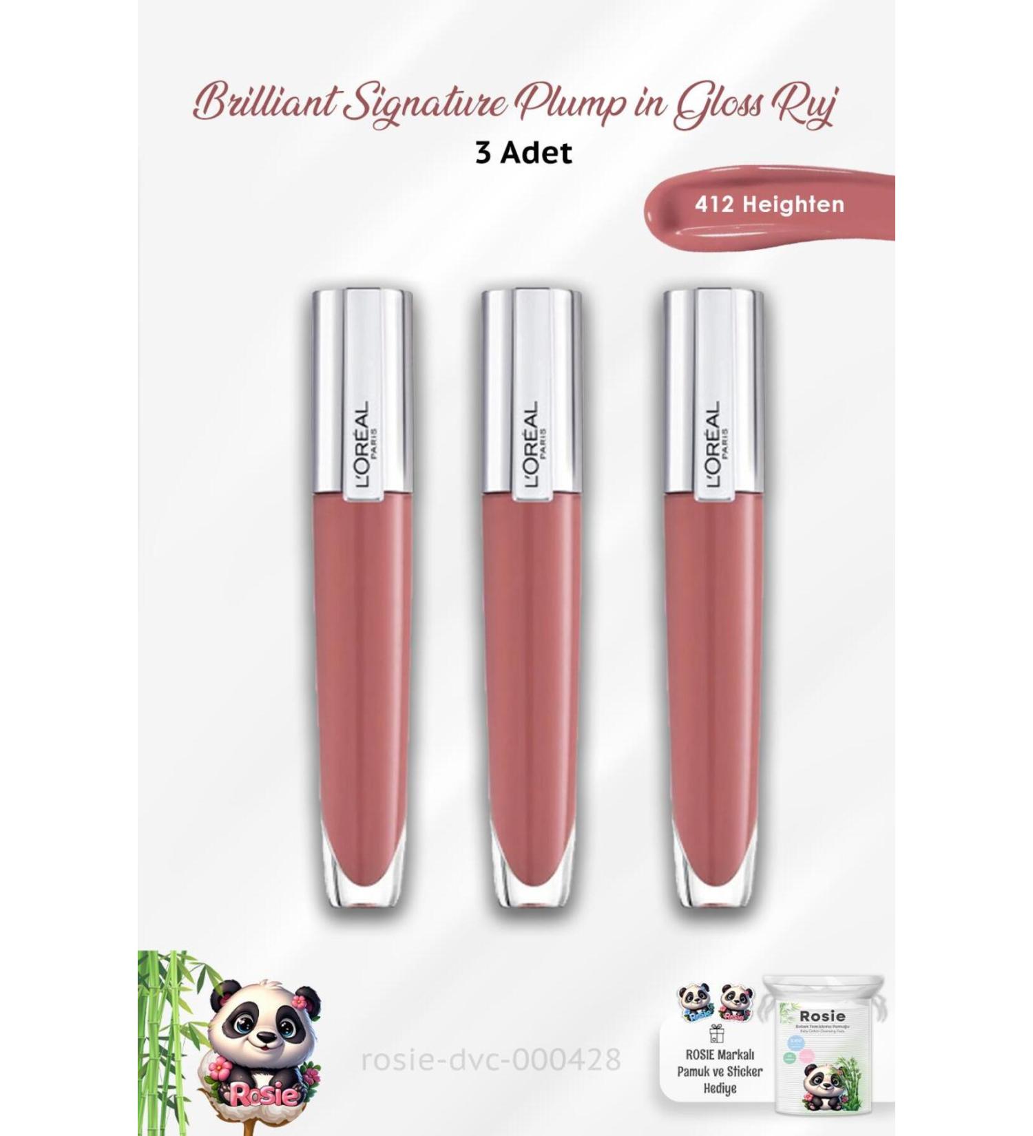 L'Oreal Paris 3 Pieces Brilliant Signature Plump In Gloss Lipstick 412 Heighten And Rosie - Buy Online on GoSupps.com