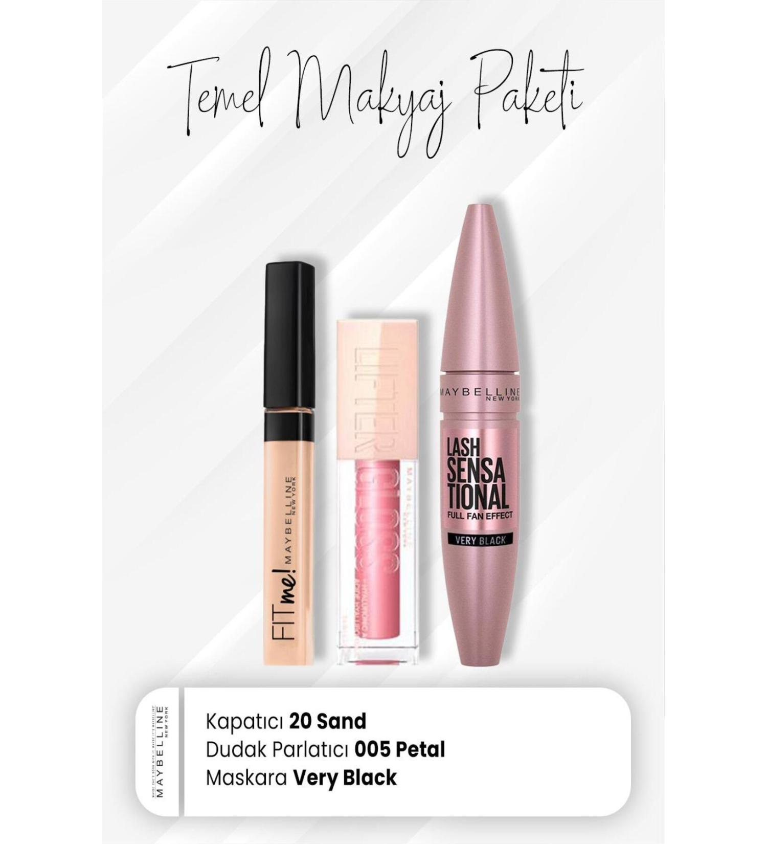 Maybelline New York Fit Me Concealer 20 Full Fan Mascara Very Black and Lip Gloss 005 Petal