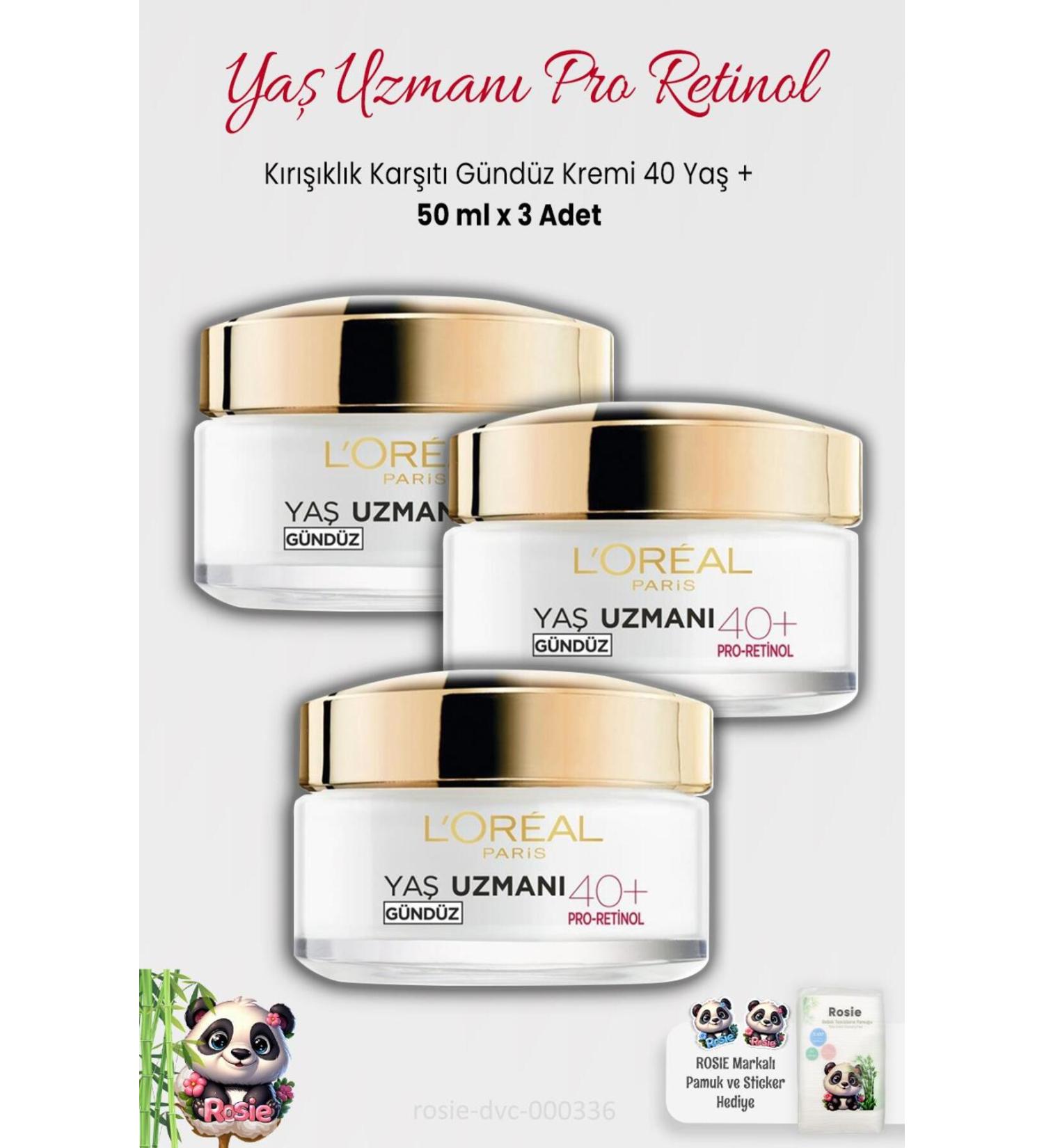 L'Oreal Paris 3 Pieces Loreal Paris Anti-Wrinkle Day Cream 40+ Pro-Retinol 50 ml and ROSIE - Buy Online on GoSupps.com