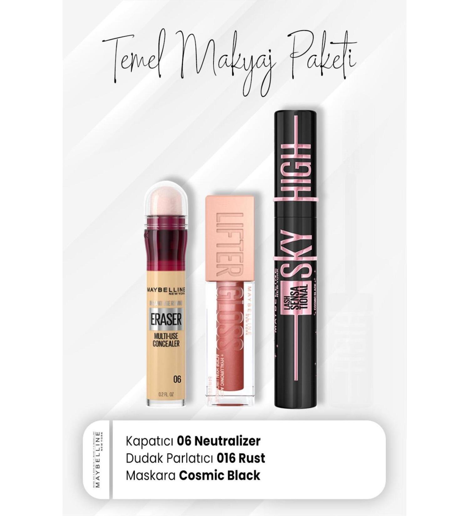 Maybelline New York Eraser Concealer 06 Sky High Mascara Cosmic Black and Lip Gloss 016 Rust