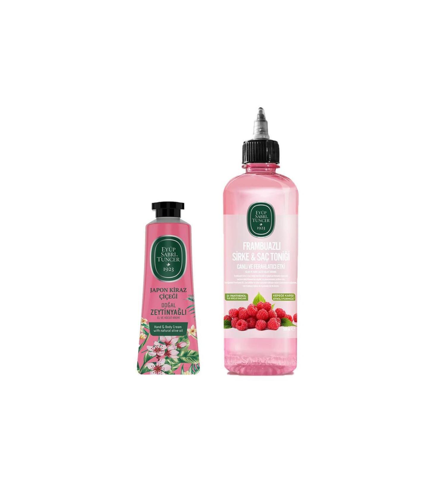 Ey p Sabri Tuncer Raspberry Vinegar & Hair Tonic 500 ml and Hand and Body Cream Japanese Cherry Blossom 50 ml