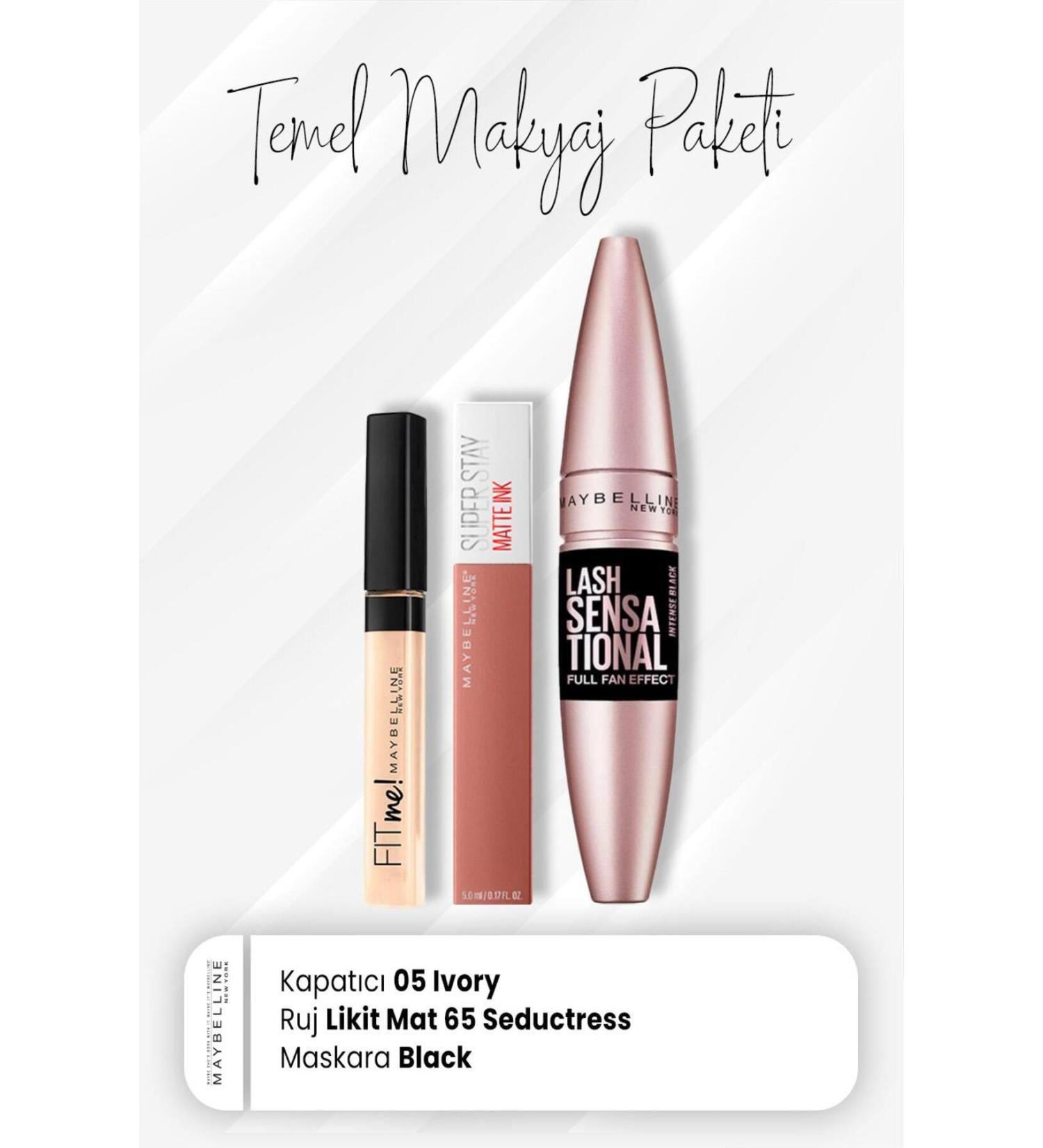 Maybelline New York Fit Me Concealer 05 Full Fan Mascara Intense Black and Matte Ink Lipstick 65 Seductres