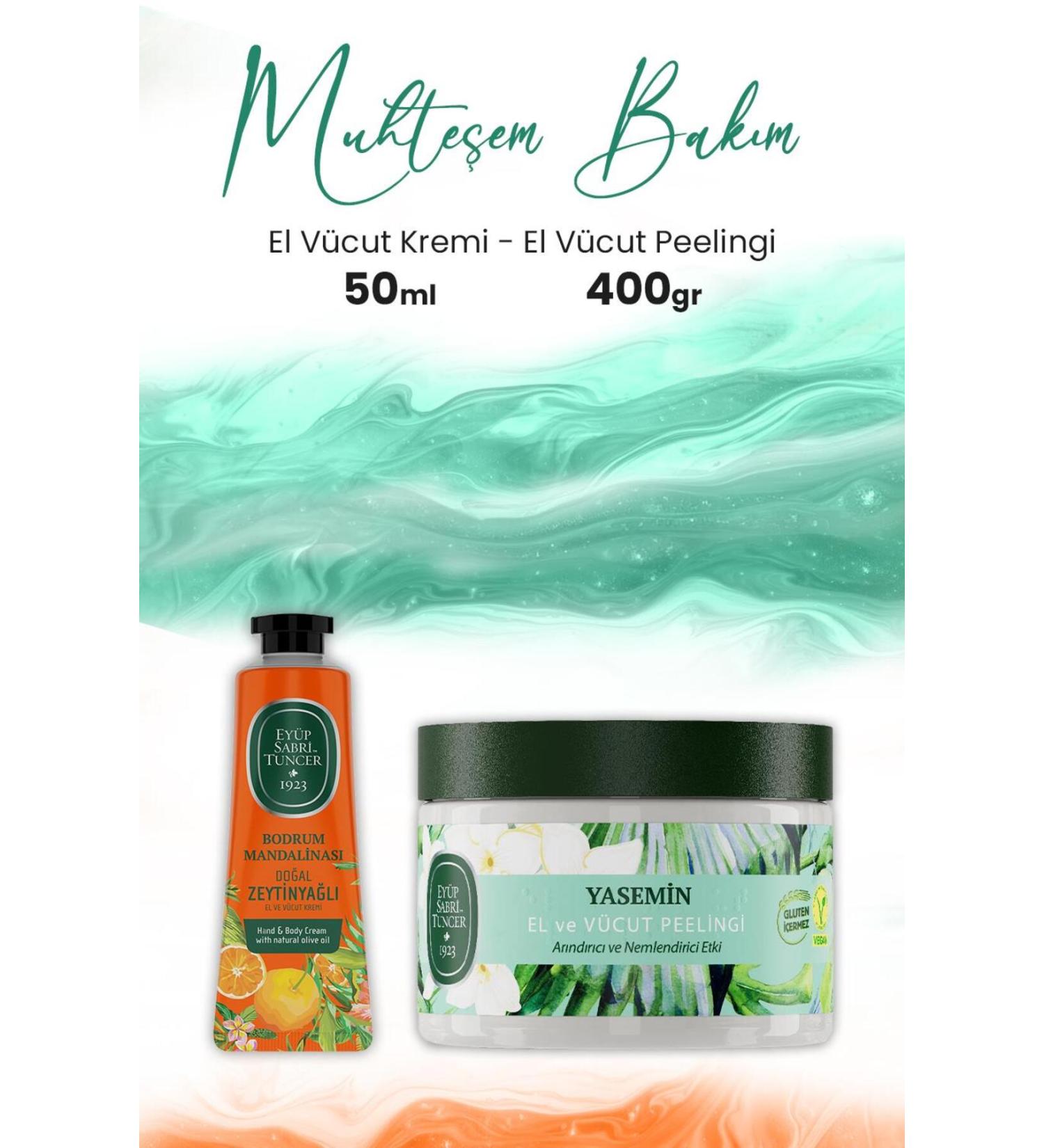 Ey p Sabri Tuncer Jasmine Hand Body Peeling 400 gr and Bodrum Tangerine Hand and Body Cream 50 ml