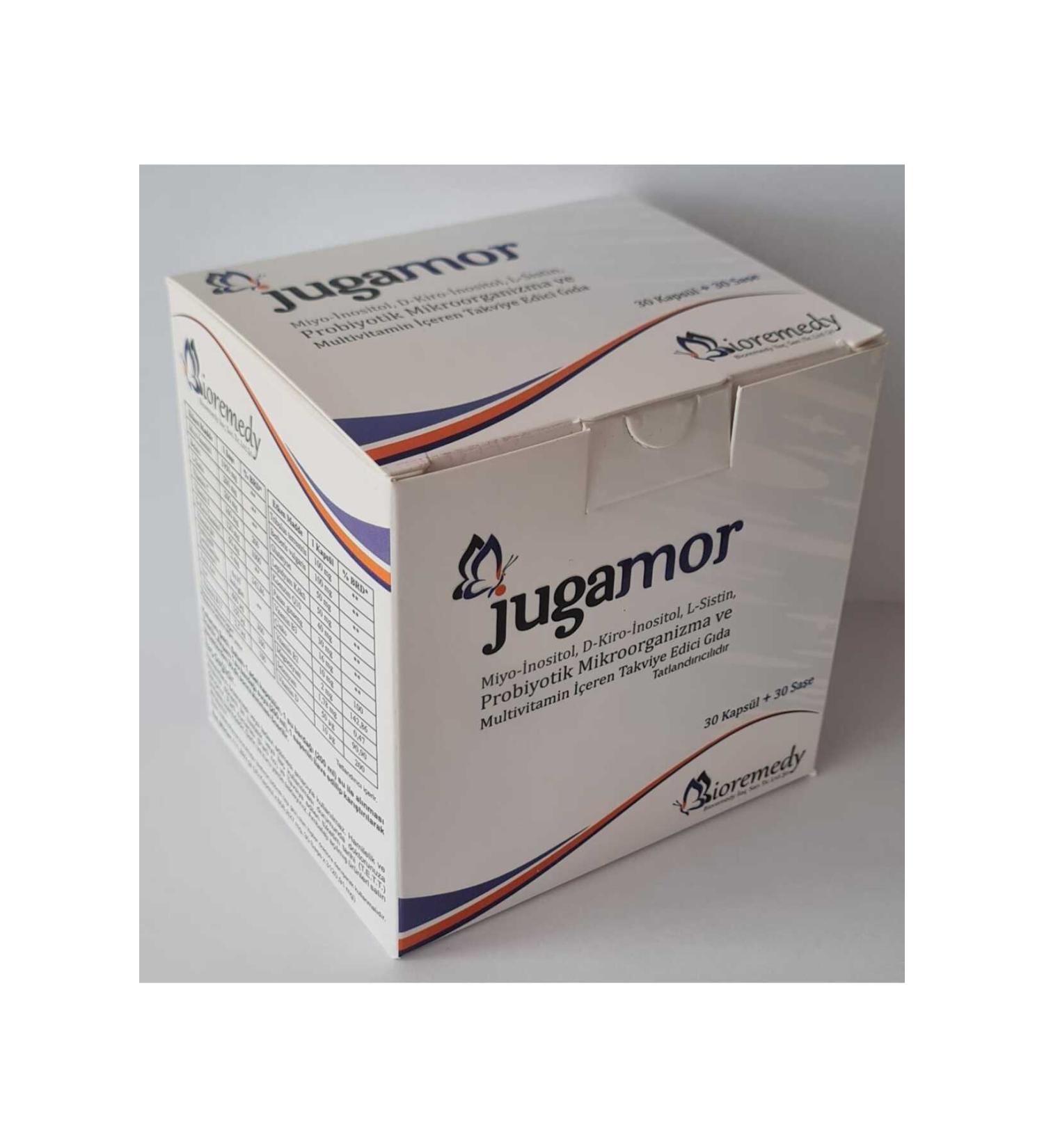 Jugamor is a food supplement containing myo-inositol L-cystine Probiotic Microorganism and Multivitamin.