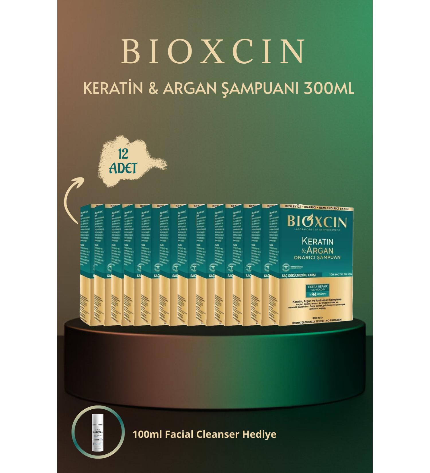 Bioxcin Keratin & Argan Shampoo 300ml 12 Pieces + 100ml Facial Cleanser Gift